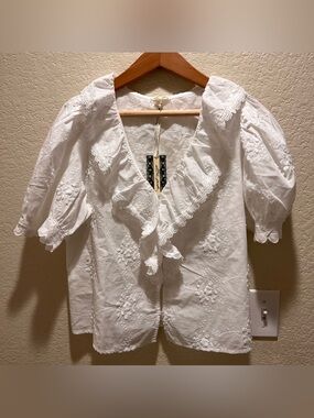 NWT Ultra Pink Ruffle Detail Cotton Blouse Top Embroidered Floral size M